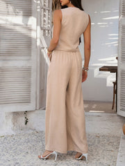 Tan textured crop vest and wide leg pants set with elastic waist and pockets.