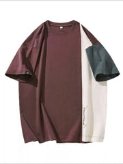 Oversized cotton t-shirt with color block design in coffee brown, cream, and dark gray.