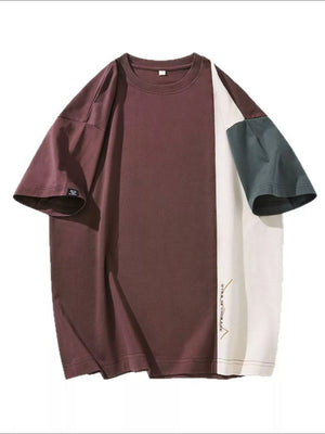 Oversized cotton t-shirt with color block design in coffee brown, cream, and dark gray.