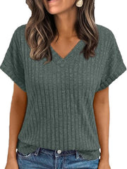 Relaxed fit ribbed V-neck t-shirt in Army Green with short sleeves.