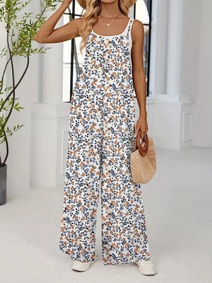 Floral Print Wide Leg Spaghetti Strap Overalls, fabric detail