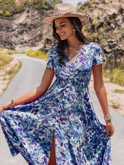 Floral v-neck midi dress with buttons and a high slit, blue and purple print