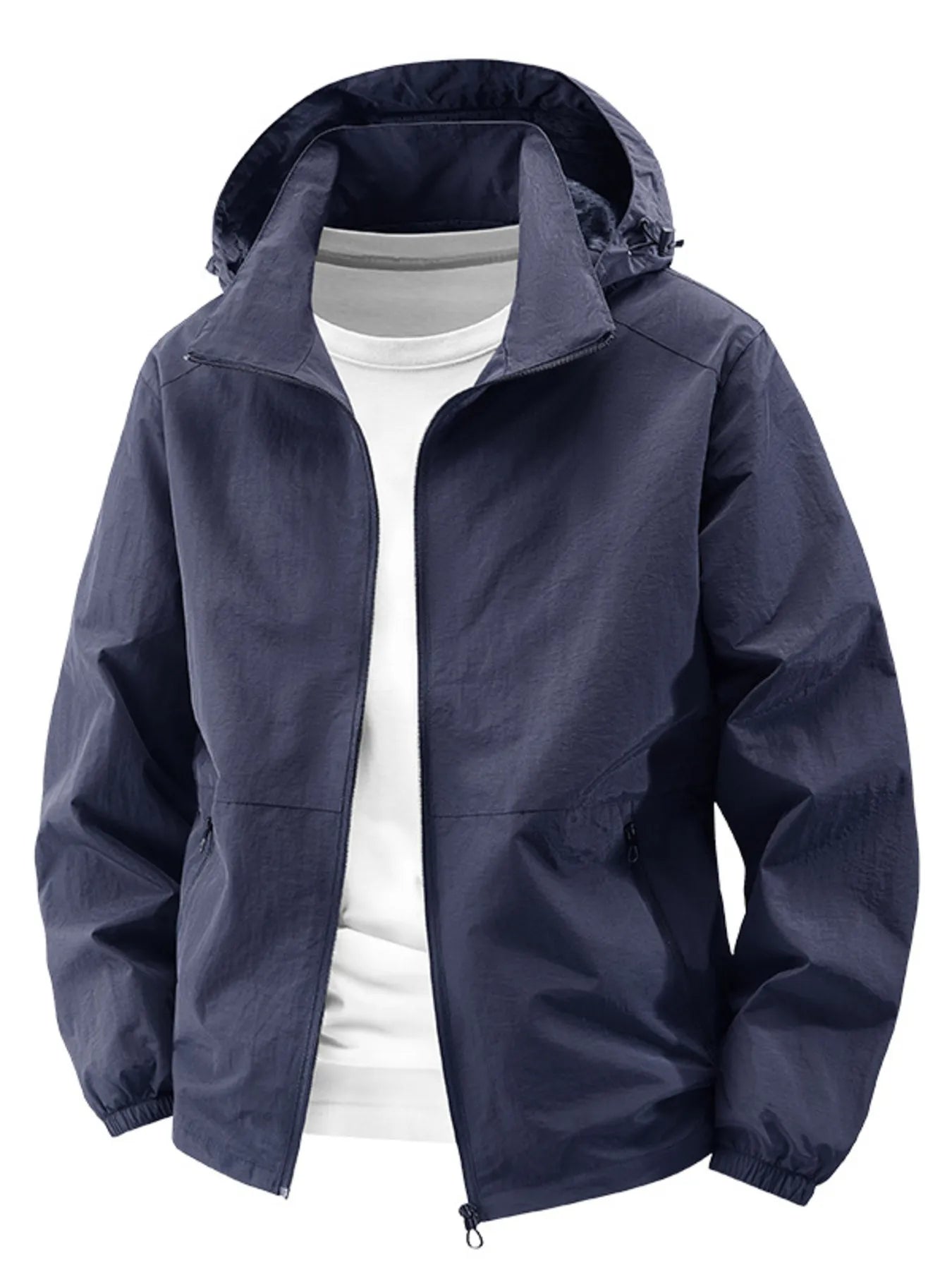 Dark blue hooded windbreaker jacket with zipper and pockets, worn over a white t-shirt.