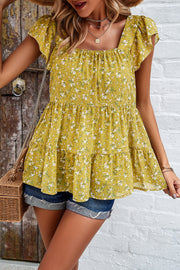 Crimson floral peplum blouse with flutter sleeves.
