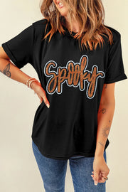 Black cotton t-shirt with sequin "Spooky" script graphic