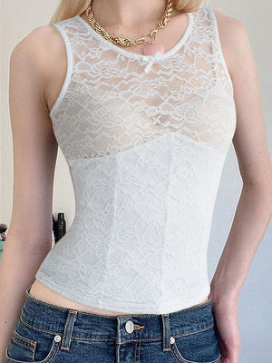 White lace bustier-inspired tank top with a sweetheart neckline and a small bow detail.