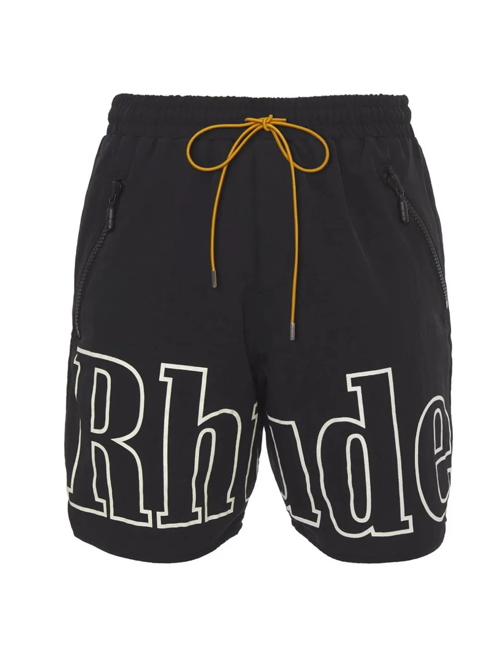 Black cargo shorts with white Rhode logo print and yellow drawstring.