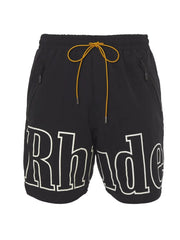 Black cargo shorts with white Rhode logo print and yellow drawstring.