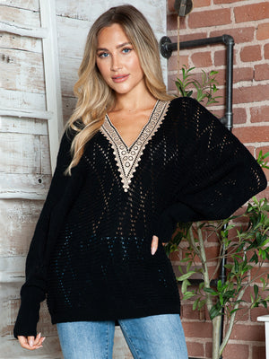 Black openwork dolman sweater with lace-trimmed V-neck, 100% acrylic