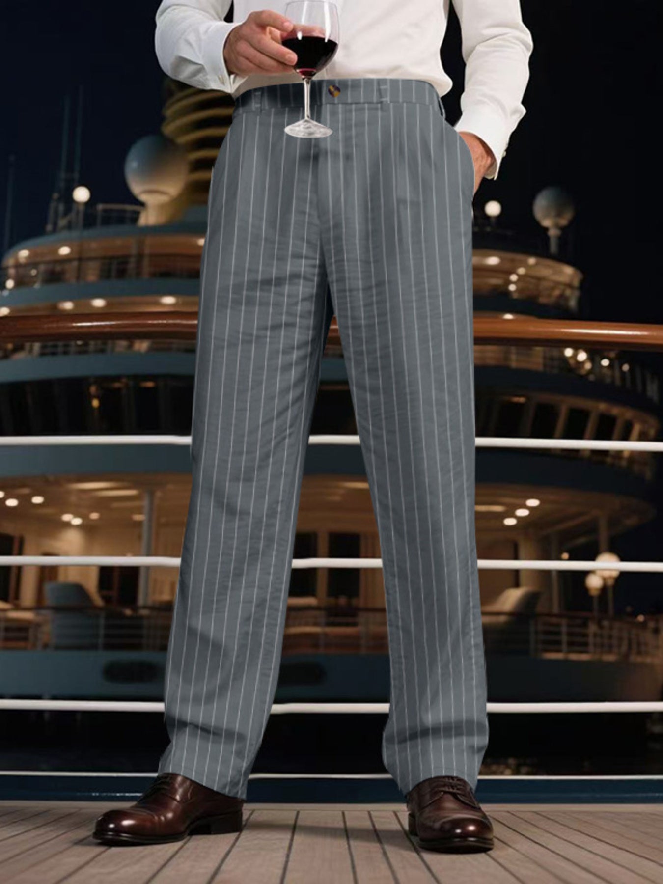 Men's grey pinstripe wide-leg sweatpants with a relaxed fit.