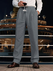 Men's grey pinstripe wide-leg sweatpants with a relaxed fit.