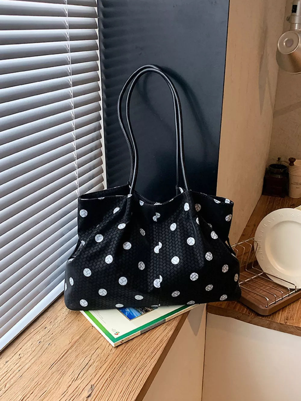 Polka Dot Shoulder Bag in Black, side view