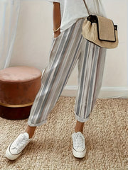 Luxe Stripe Relaxed-Fit Trousers in Dust Storm, cuffed hem, casual chic style.