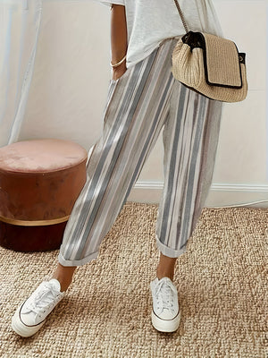 Luxe Stripe Relaxed-Fit Trousers in Dust Storm, cuffed hem, casual chic style.
