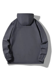 Dark gray hooded windbreaker jacket with elastic cuffs and hem