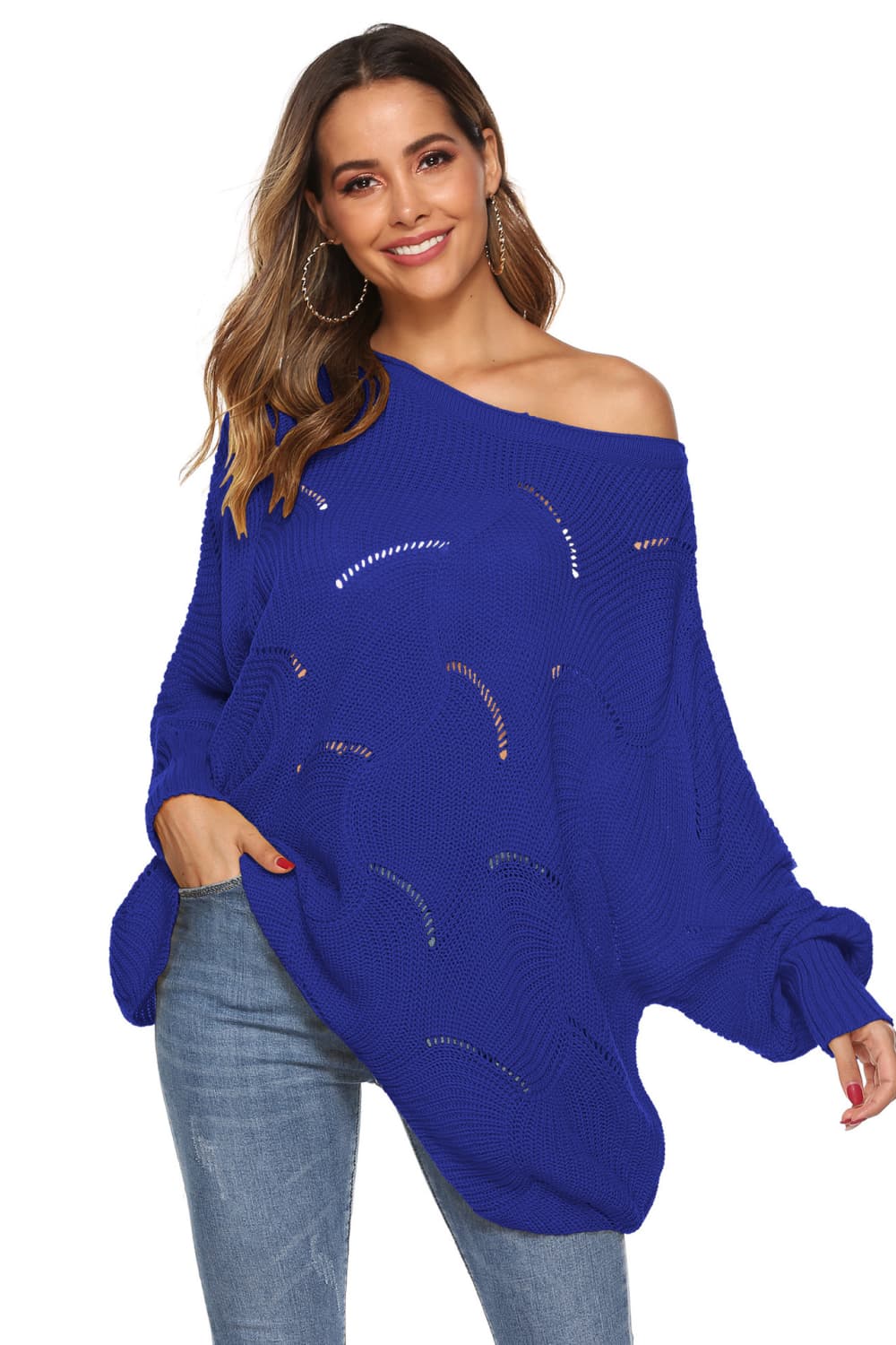 Royal blue openwork cocoon sleeve knit sweater with boat neck and distressed details