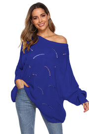 Royal blue openwork cocoon sleeve knit sweater with boat neck and distressed details
