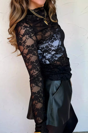 Black sheer floral lace fitted long sleeve shirt with mock neck