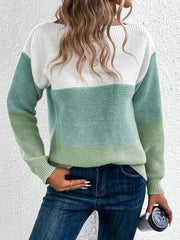 Colorblock ribbed knit sweater with boatneck in white, light blue, and gum leaf green.