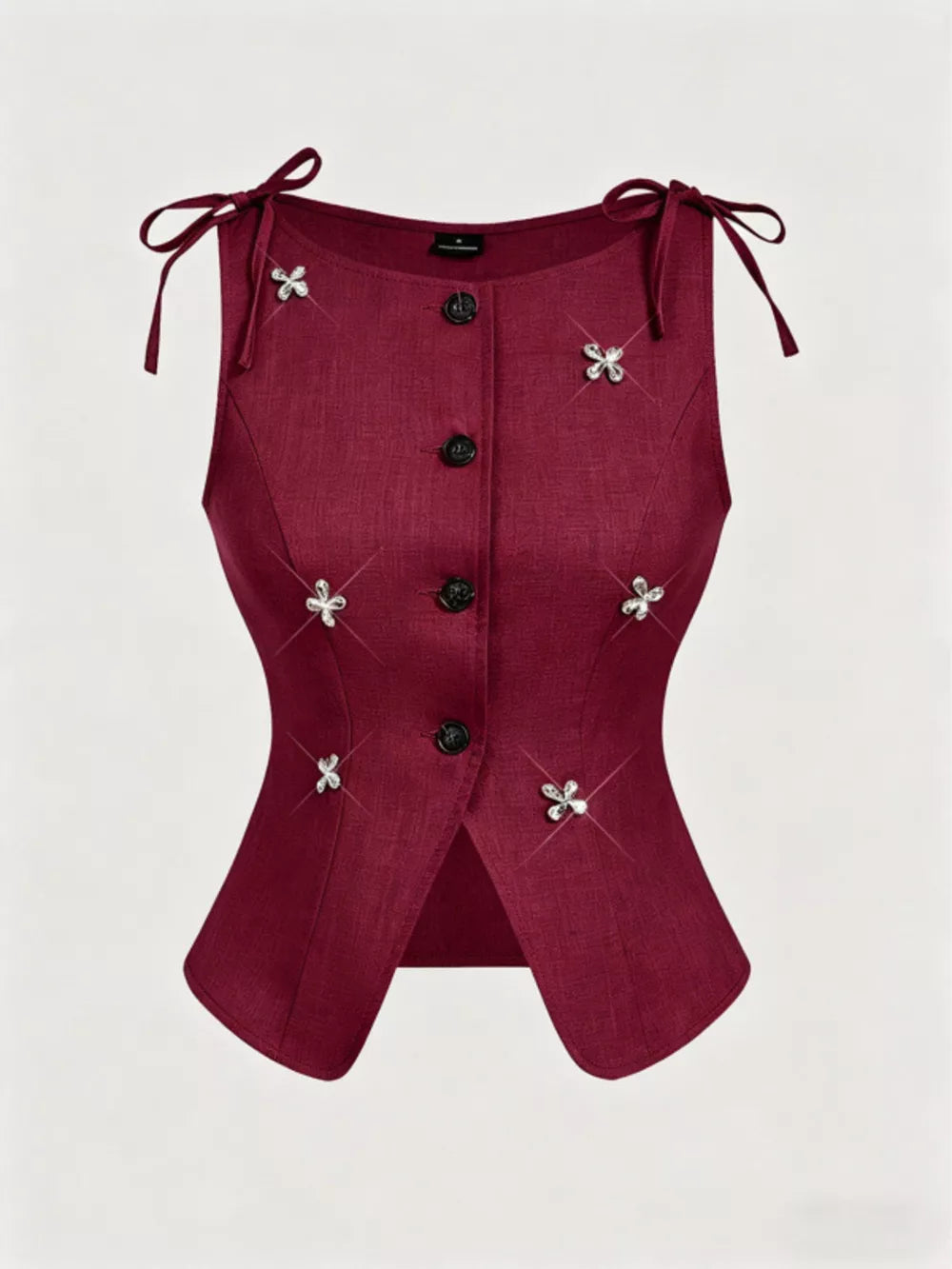 Burgundy tie-shoulder vest with floral appliques and button front
