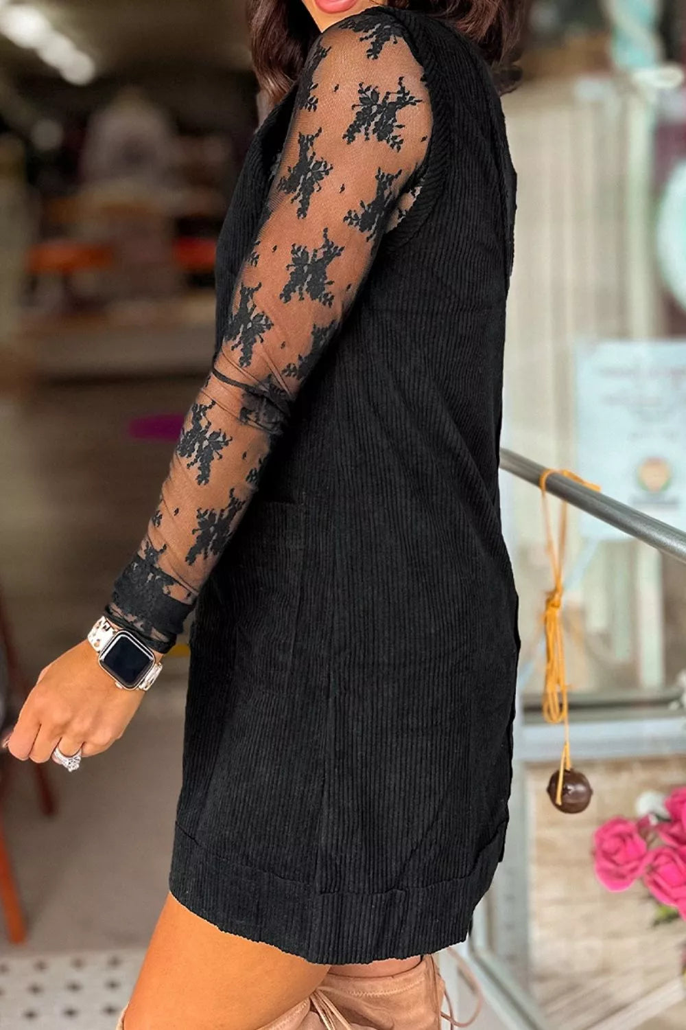 Corduroy Patch Pocket Sleeveless Mini Dress, close-up detail