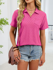 Hot Pink eyelet polo blouse with short sleeves and a chest pocket.
