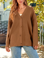 Oversized ribbed knit button-down cardigan in Coffee Brown with V-neck and button closure.