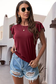Burgundy t-shirt with ruffled short sleeves and a crew neck.