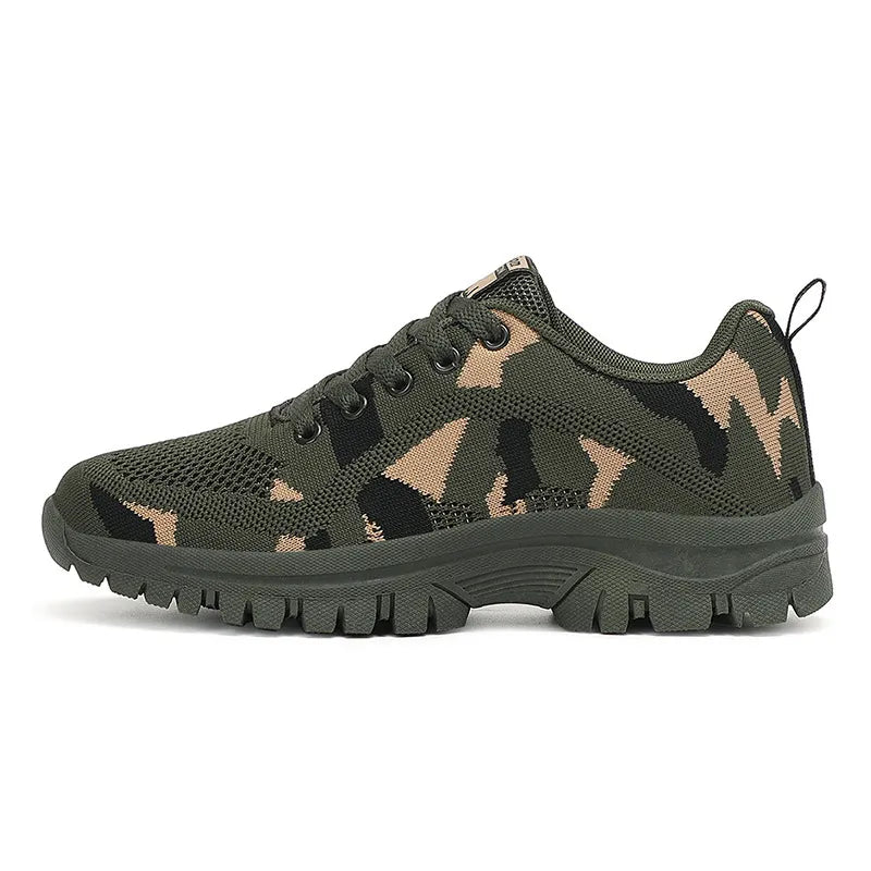 Camouflage mesh performance trainer in moss green with tan and black pattern.