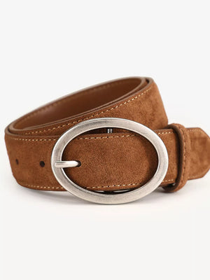 Brown suede leather belt with oval brushed silver buckle