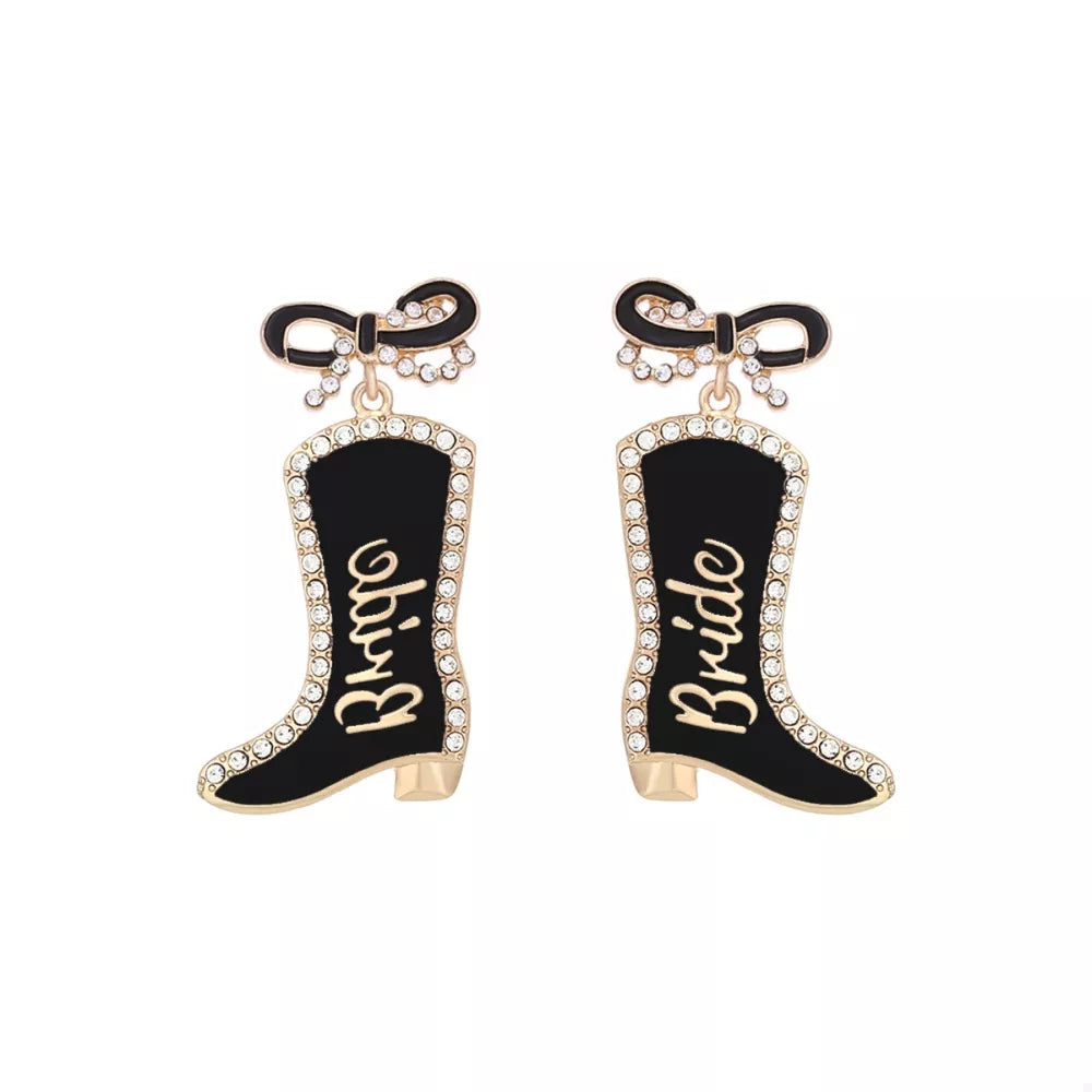Black bridal cowboy boot dangle earrings with crystal trim and bow detail.