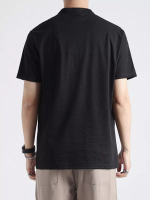 Men's black buttoned henley t-shirt with band collar, short sleeves.