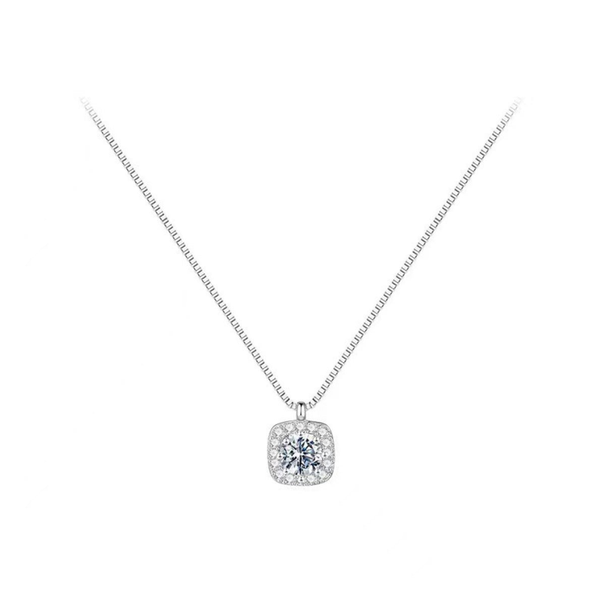 Sterling silver square pendant necklace with a dazzling center stone and delicate chain.