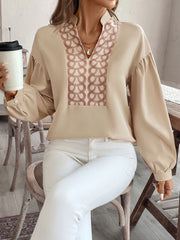 Tan blouse with geometric yoke and balloon sleeves