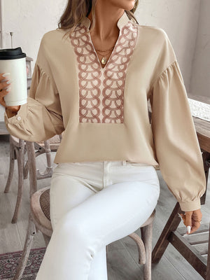 Tan blouse with geometric yoke and balloon sleeves