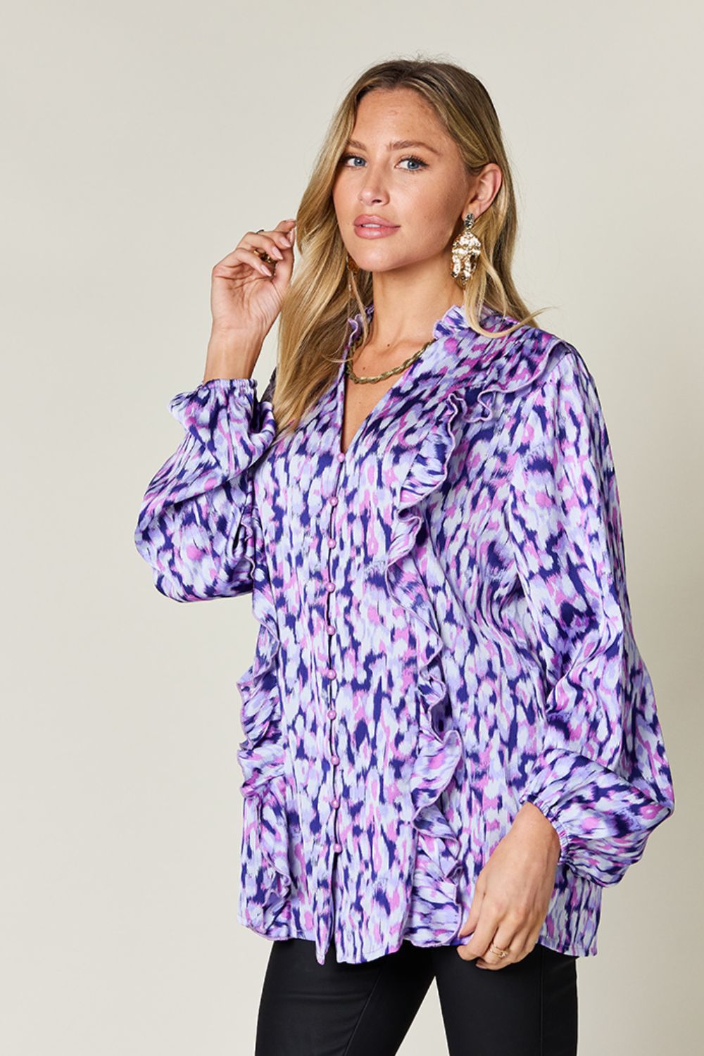 Blue purple ethereal print blouse with ruffle front and balloon sleeves