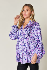 Blue purple ethereal print blouse with ruffle front and balloon sleeves