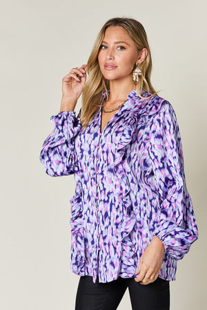 Blue purple ethereal print blouse with ruffle front and balloon sleeves