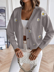 Dark Gray button-down cardigan with embroidered daisies, V-neck, and long sleeves.