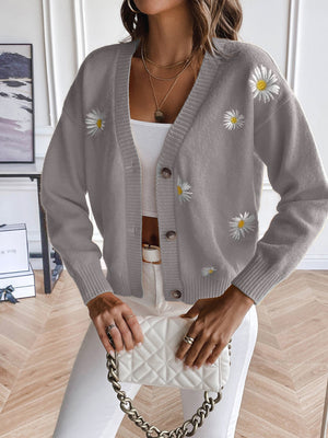 Dark Gray button-down cardigan with embroidered daisies, V-neck, and long sleeves.