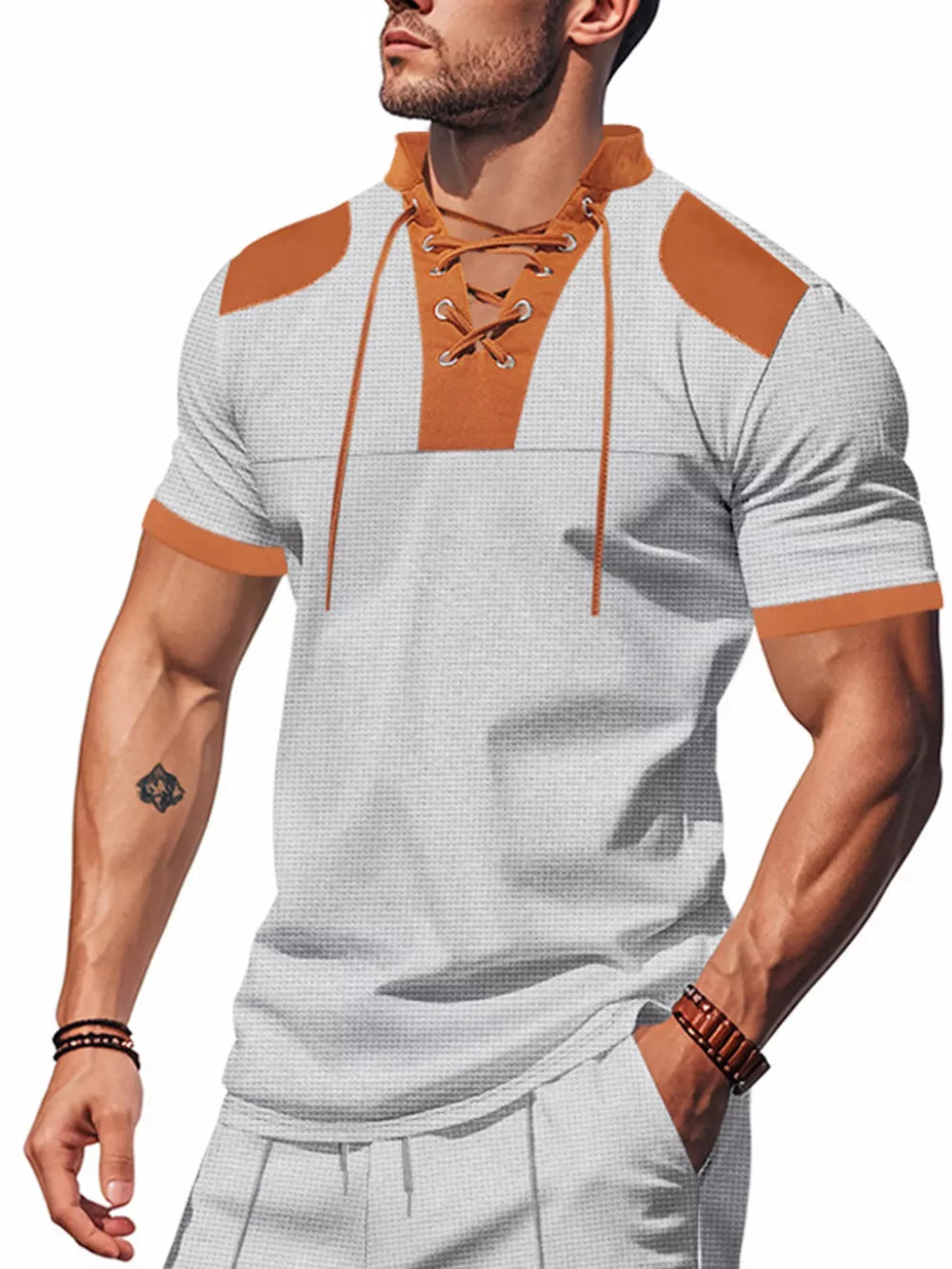 Men's light gray short sleeve tee with lace-up neckline and contrast trim