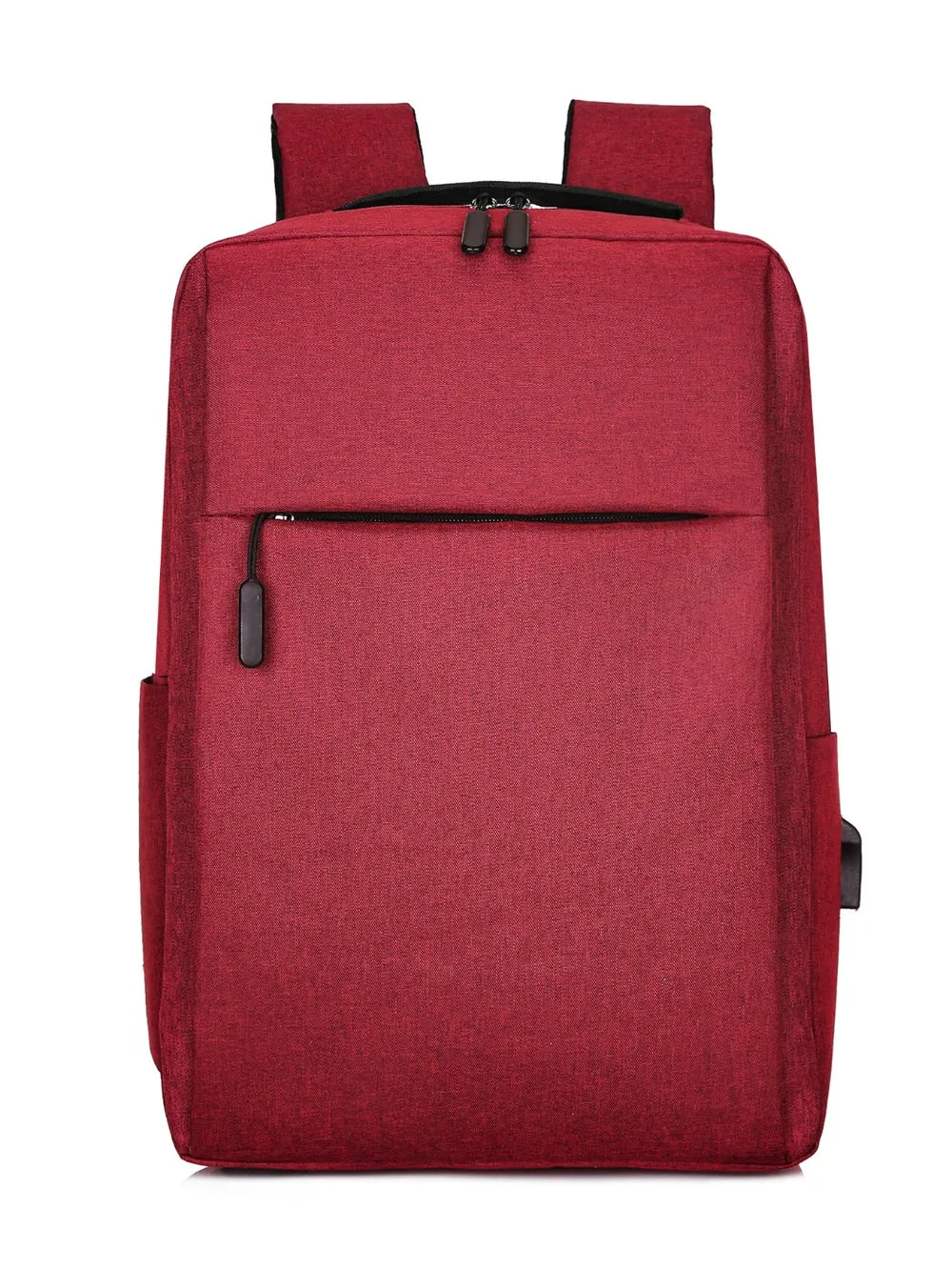 Burgundy canvas school backpack with front zipper pocket and USB port.