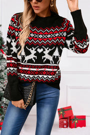 Black acrylic knit sweater with reindeer and fair isle pattern, mock neck, long sleeves.
