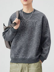 Men's dark gray acid wash sweatshirt with embroidered "ENJOY" text and crewneck.