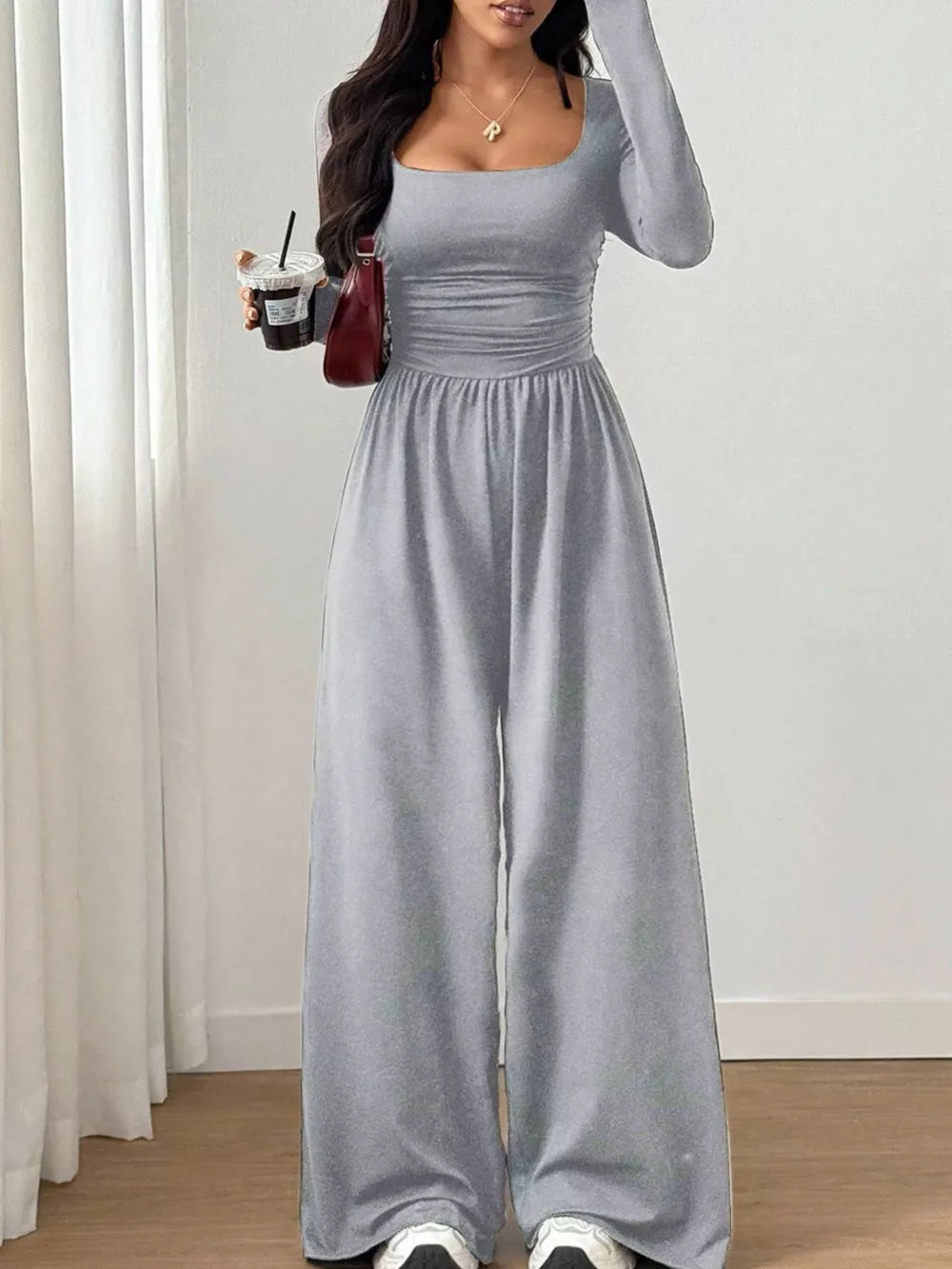Ruched Square Neck Wide-leg Jumpsuit in Brown, model styling view
