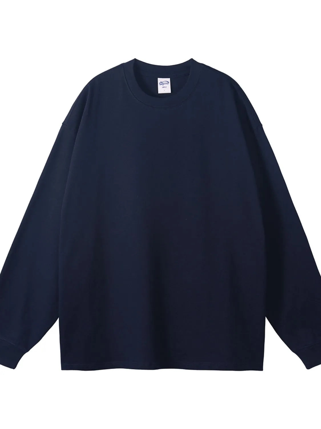 Navy oversized drop-shoulder crewneck pullover sweatshirt, 100% cotton, basic style.