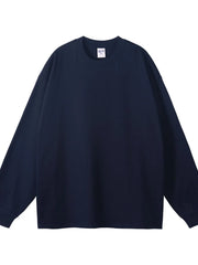 Navy oversized drop-shoulder crewneck pullover sweatshirt, 100% cotton, basic style.
