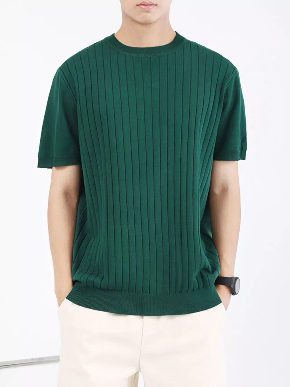 Men's Wood Green ribbed knit t-shirt with vertical stripes and crew neck.