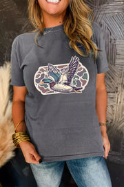 Gray polyester t-shirt with a flying mallard duck graphic and camouflage pattern.