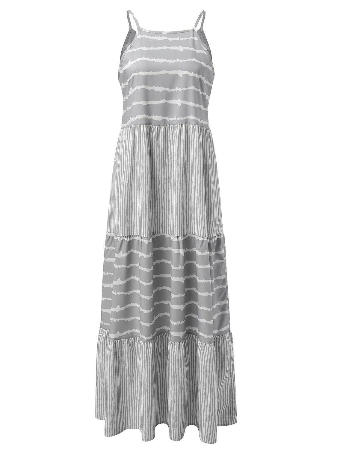 Light gray tiered maxi dress with horizontal and vertical stripe patterns and cami straps.